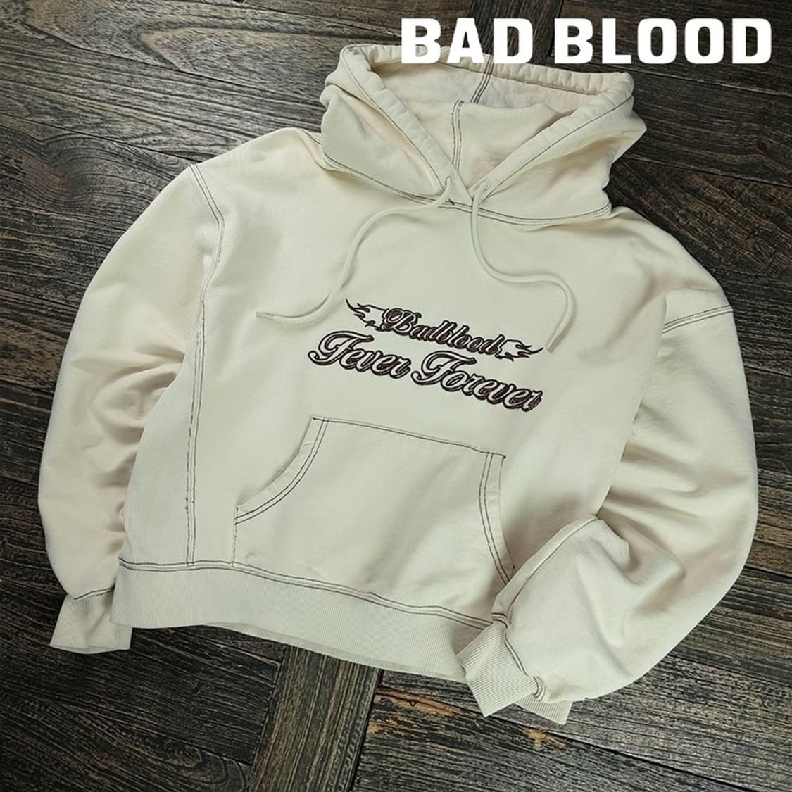 [배드블러드] 그래픽 프린팅 오버핏 헤비웨이트 후드티 크림 M19878 상품이미지1