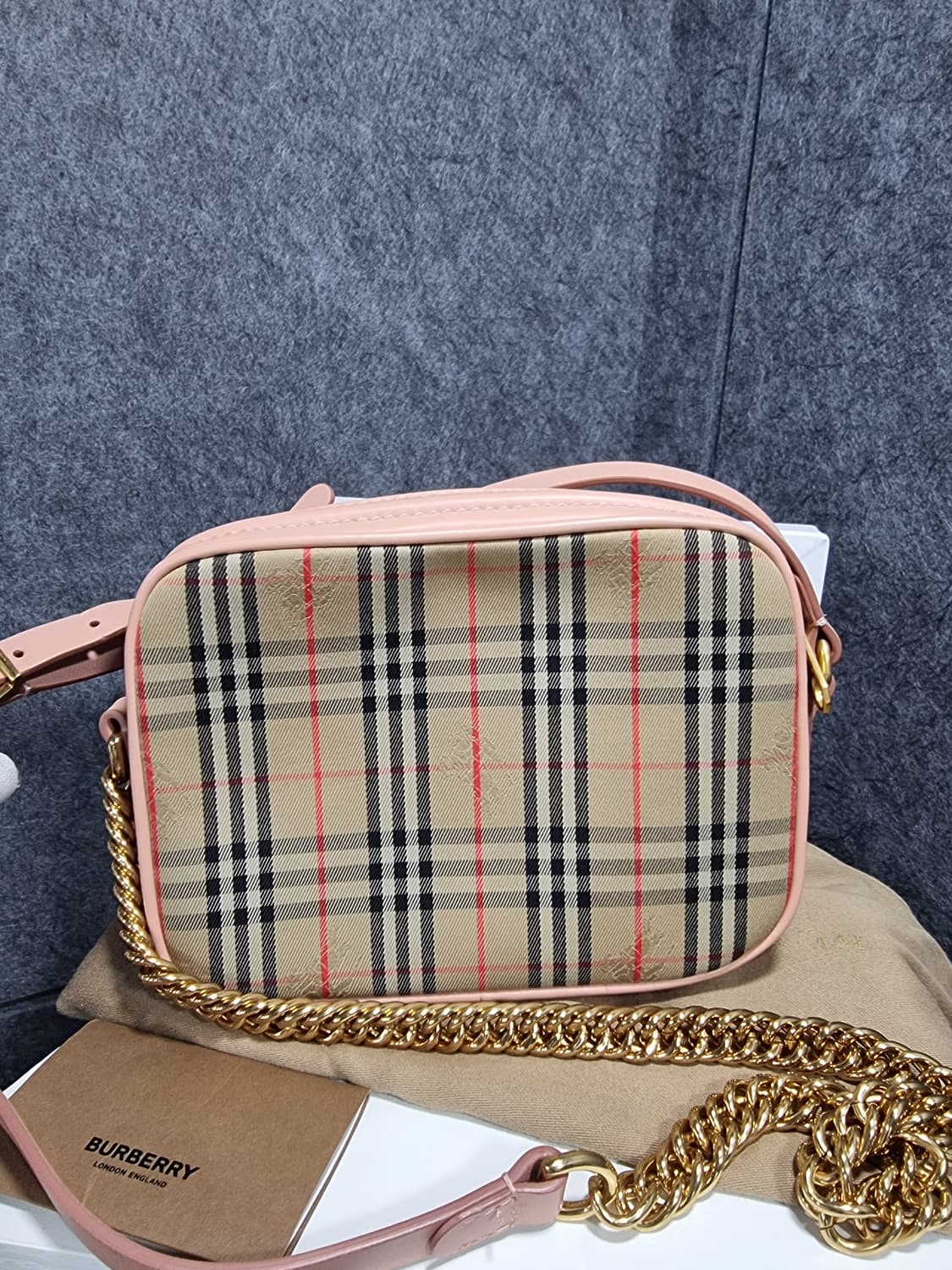 버버리 빈티지 체크 코튼 핑크 링크 체인 카메라백 상품이미지8