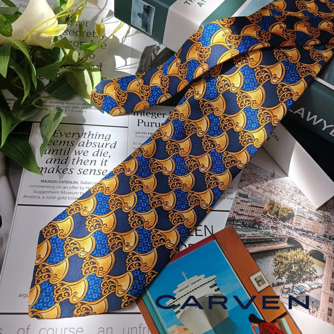 까르뱅 실크 블루 오리엔탈 패턴 넥타이 9.4cm B등급 E800 상품이미지2