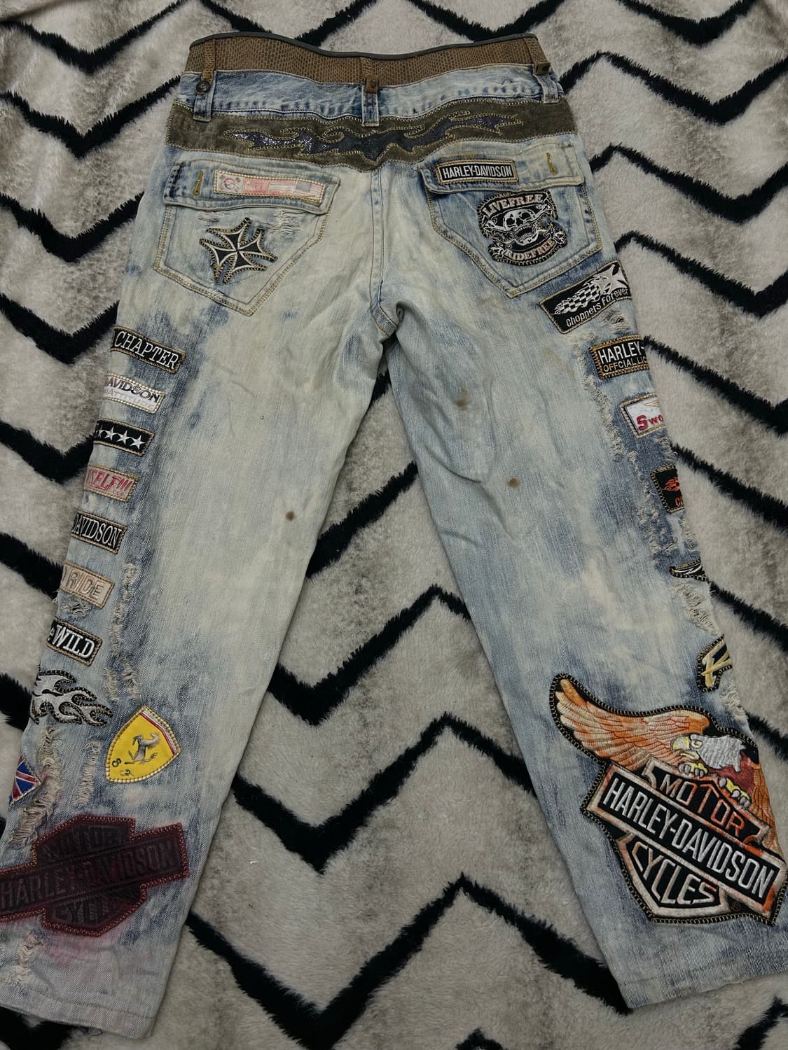 [38]빈티지 가죽 디테일 할리데이비슨 패치워크 데미지 데님 팬츠 상품이미지3