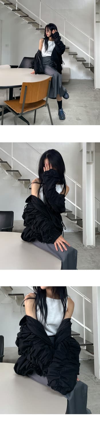 우화 미니멀 스트링 셔링 집업 자켓 점퍼 / 링클 벌룬 상품이미지5