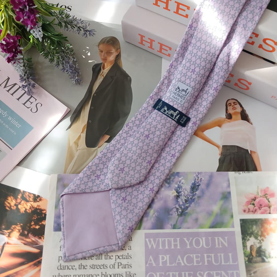 에르메스 실크 라벤더 불가사리 패턴 넥타이 9.2cm A등급 A19028 상품이미지2