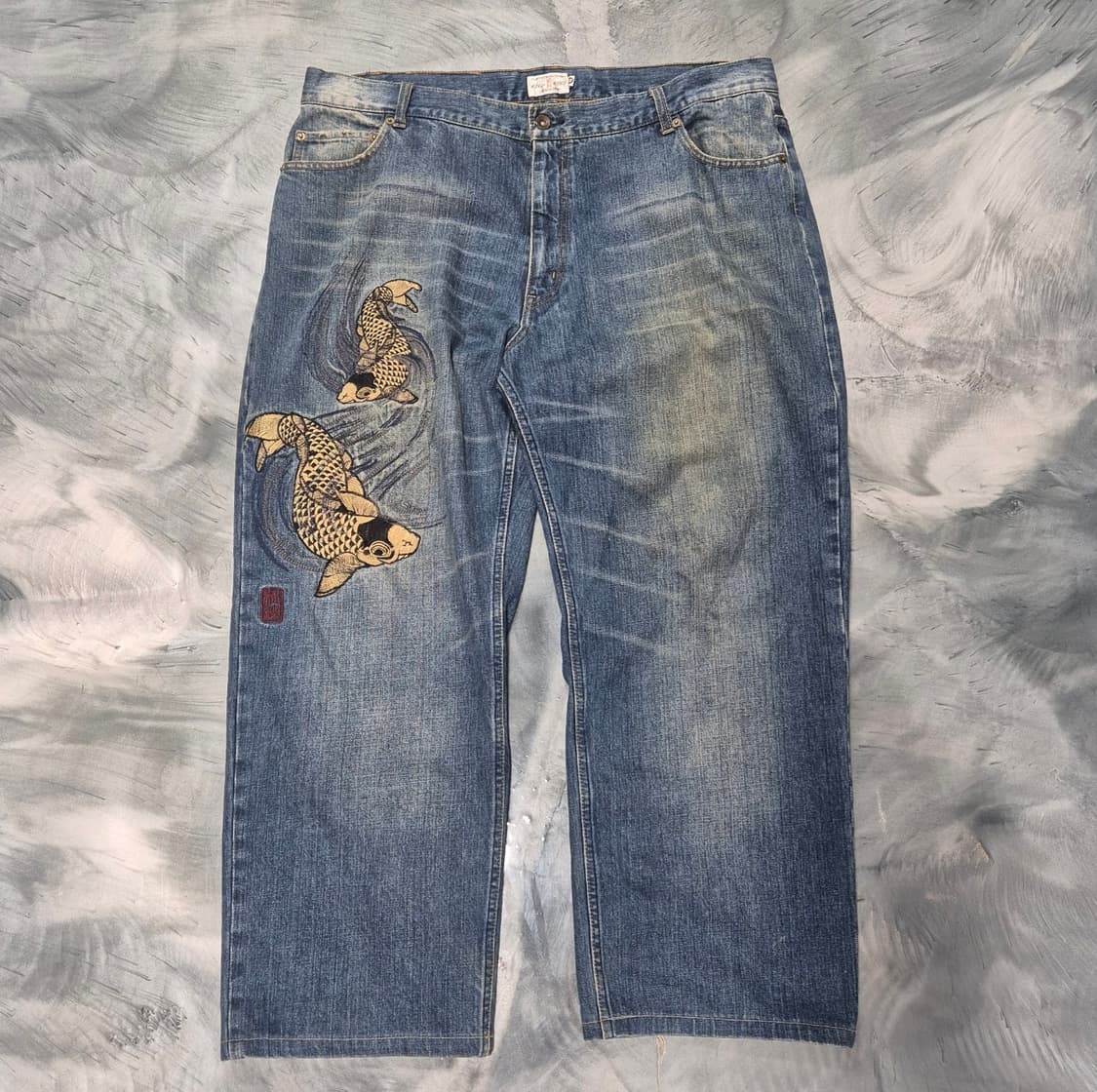 카라쿠리 타마시 오리엔탈 잉어 자수 오버사이즈 데님 팬츠 상품이미지2