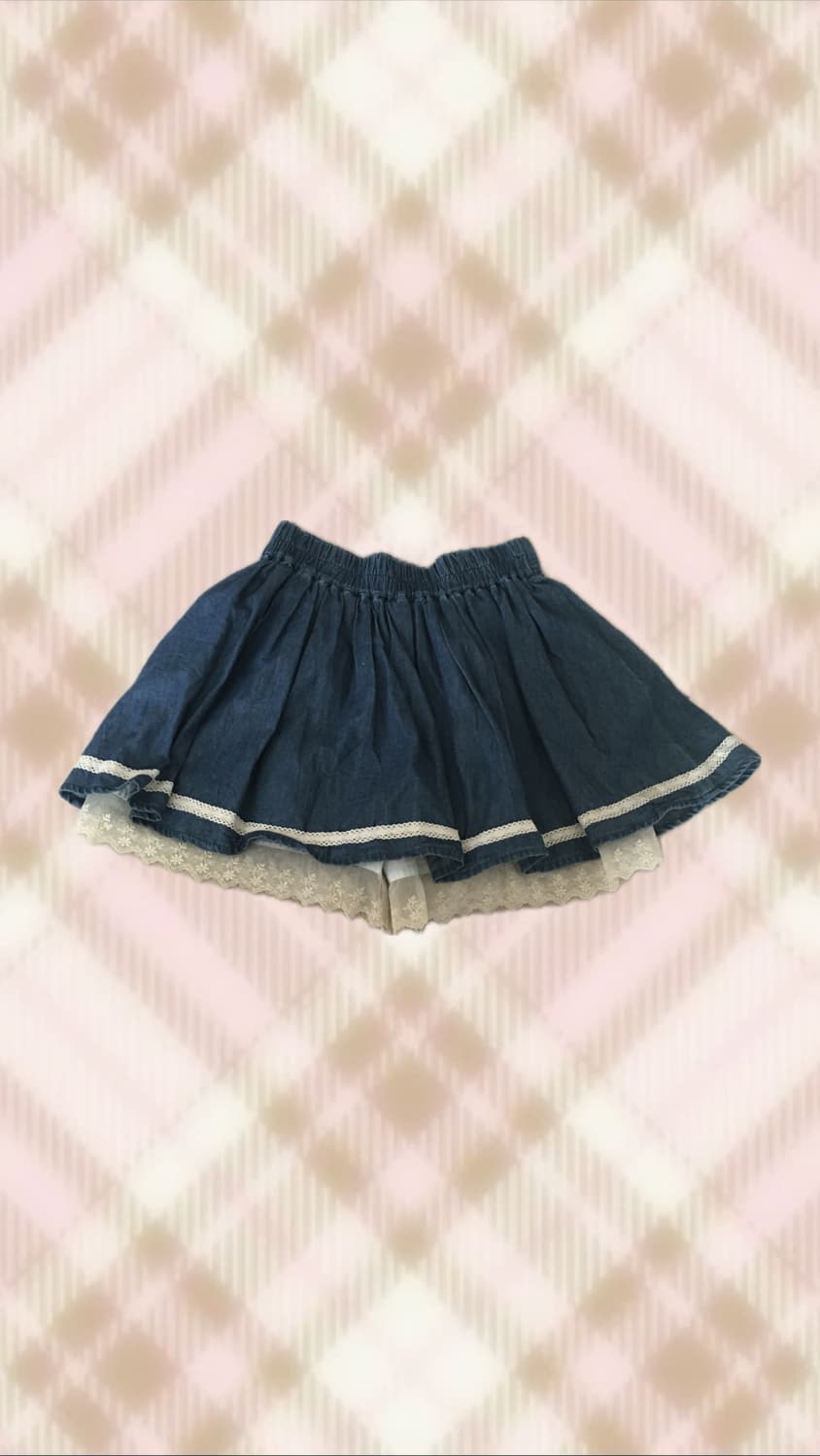 청 데님 레이스 큐롯 스커트 라떼 히메 갸루 러블리 로걀 빈티지 모리 상품이미지1