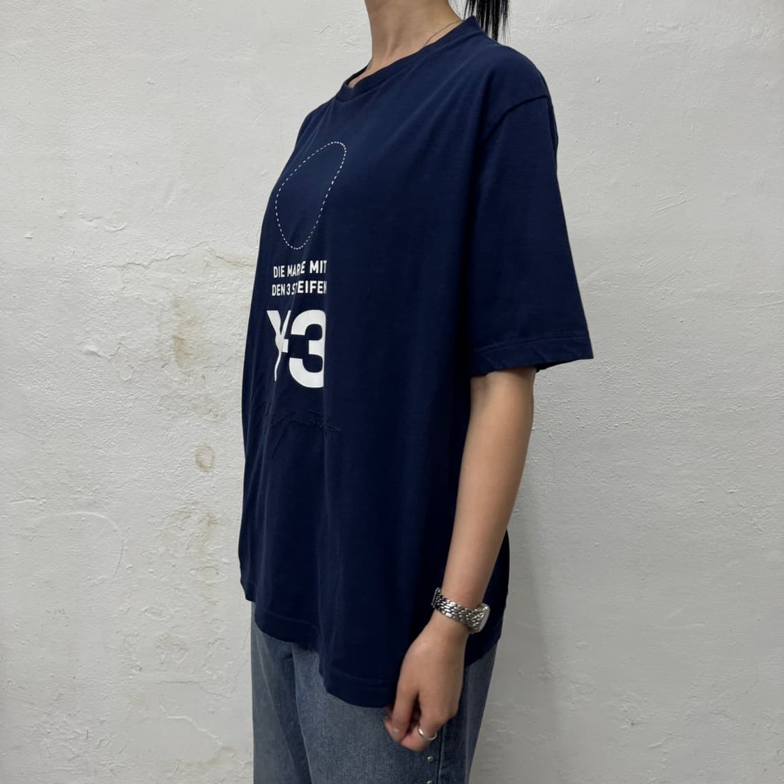 Y-3 딥블루컬러 로고 프린팅 스티치 자수 코튼 크루넥 반팔 상품이미지2