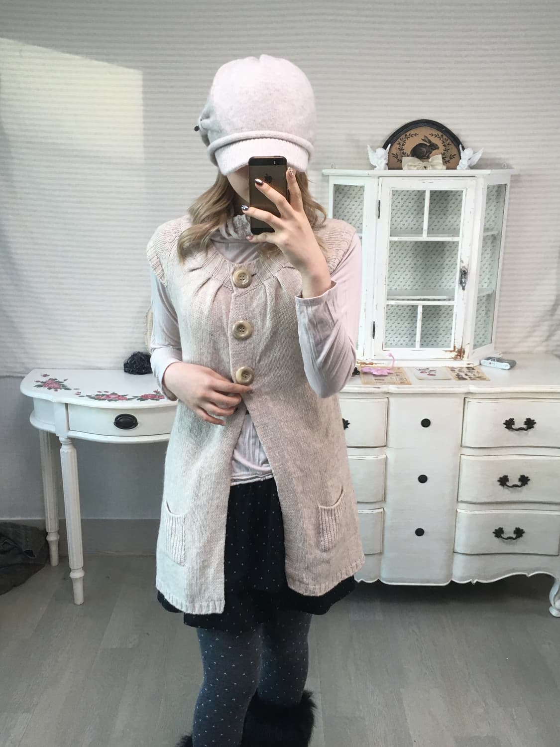 Set)오트밀 레이어드가디건 + 핑크베이지 레이스 폴라 상품이미지2