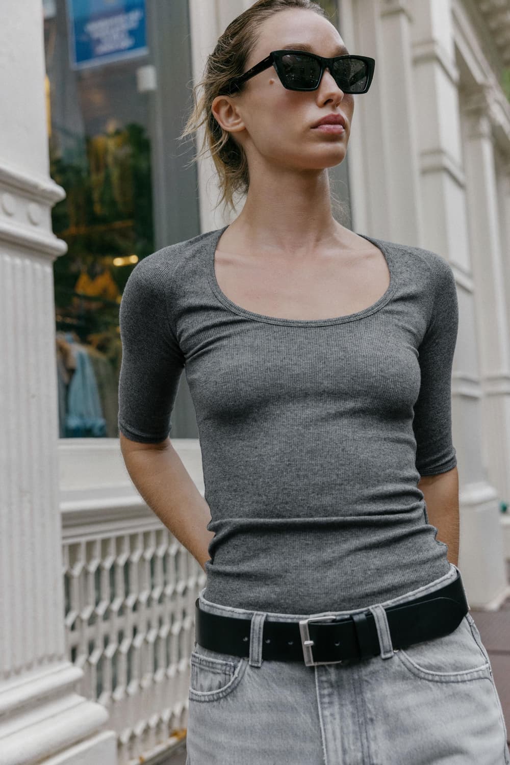 ZARA 자라 립 레귤러 티셔츠 그레이, 자라 딥 라운드 티셔츠 상품이미지2