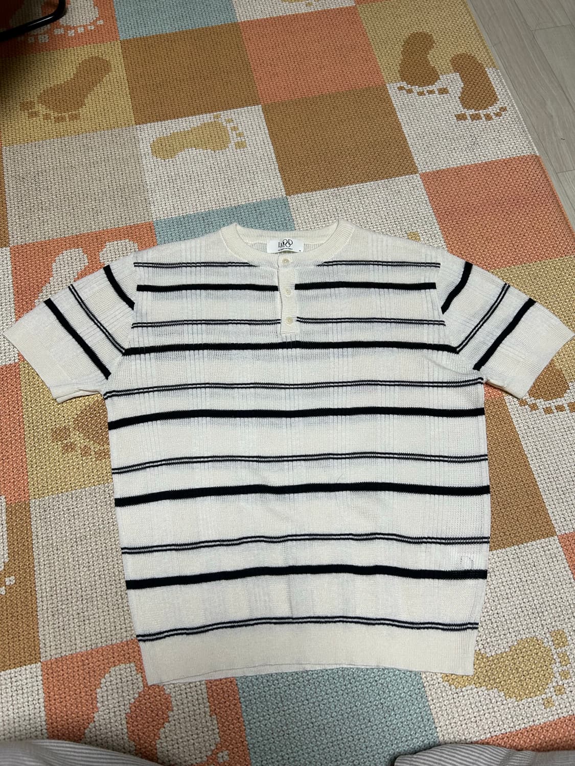 (44) 엘무드 차르르 스트라이프 헨리넥 하프 니트 아이보리 상품이미지1