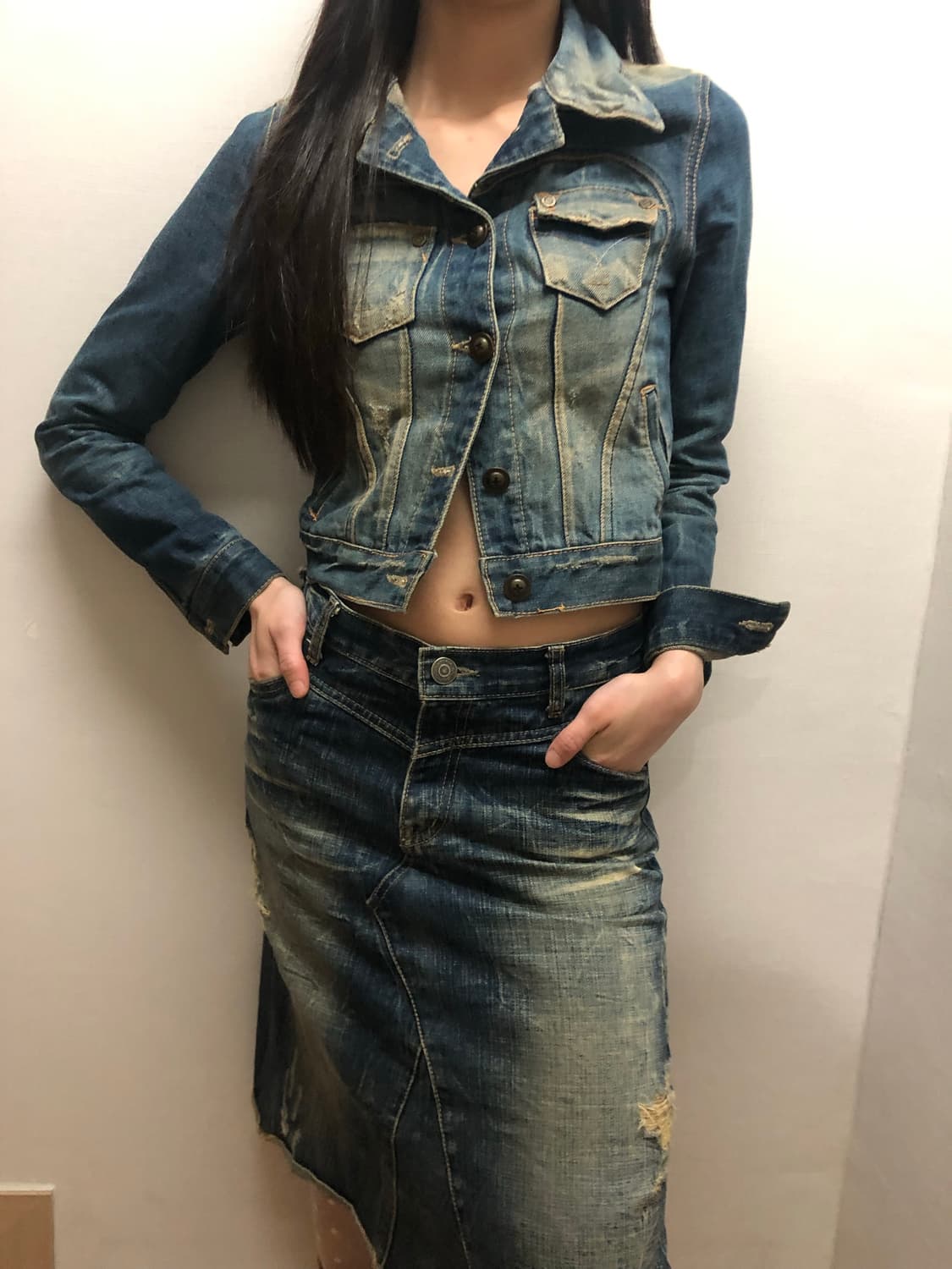 빈티지 데님 옐로우 워싱 크롭 자켓 상품이미지2