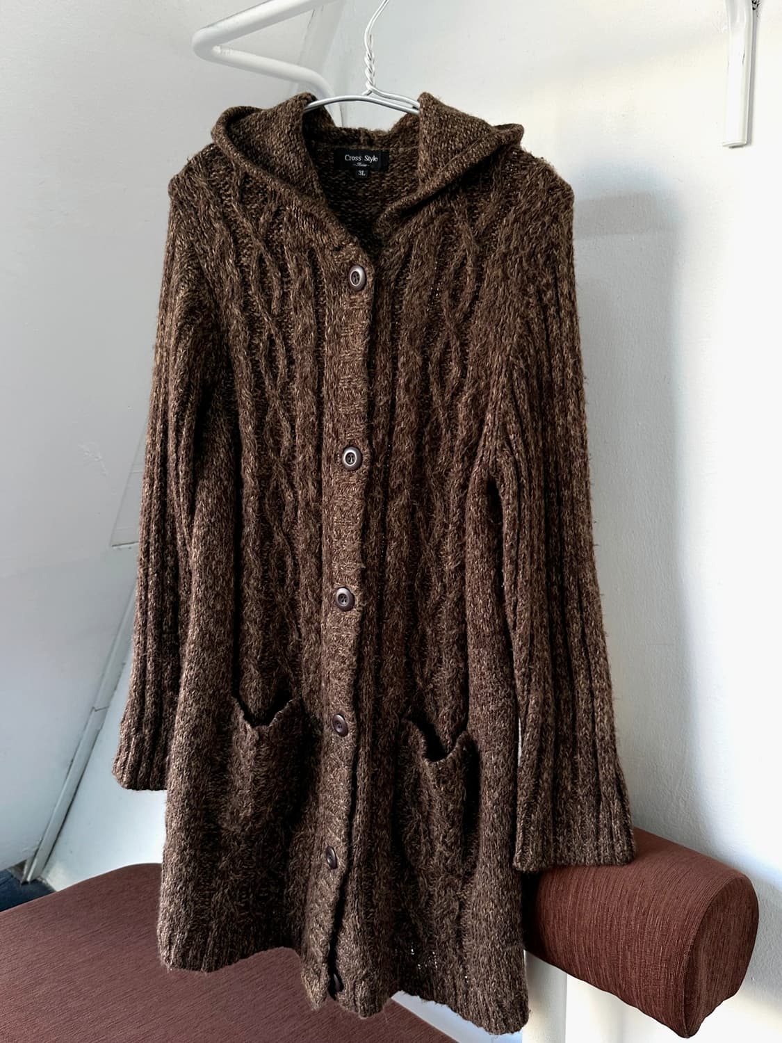 Cable patterned hooded long knit jacket 상품이미지1