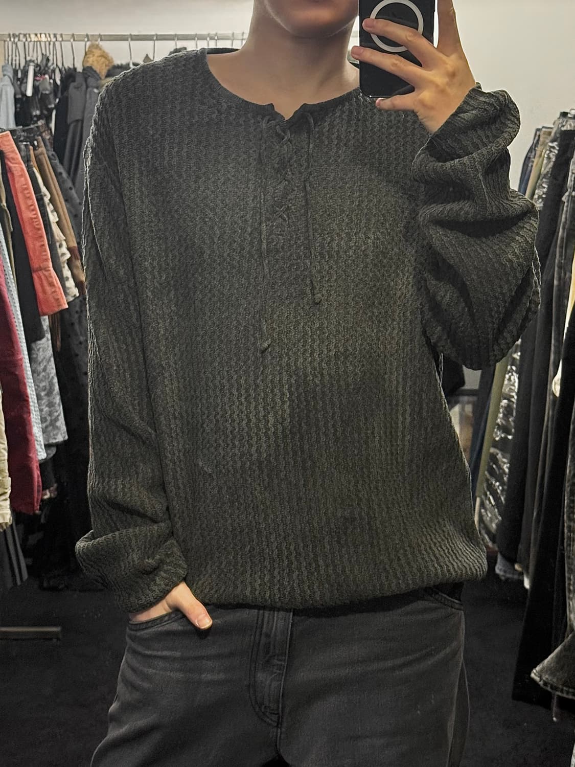 LAFORM 헨리넥 가슴 끈 와플 니트 벌룬 차콜 고스 펑크 락시크 일본 상품이미지1