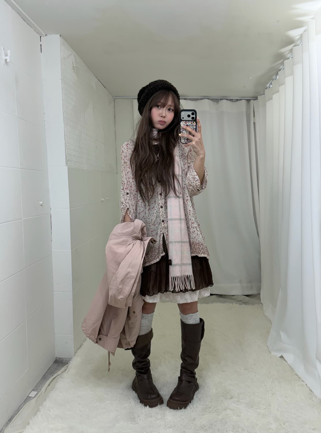 초코딸기 핑크 잔꽃 야상 하구미 모리걸 쿠루미 코디세트 상품이미지2