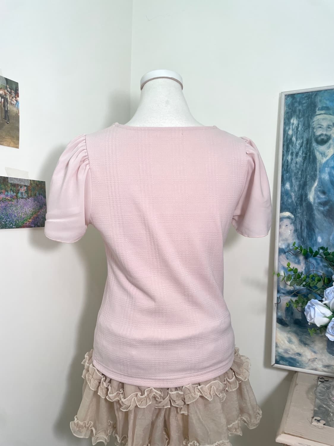 pink beads point puff sleeve top(size-M) 상품이미지4