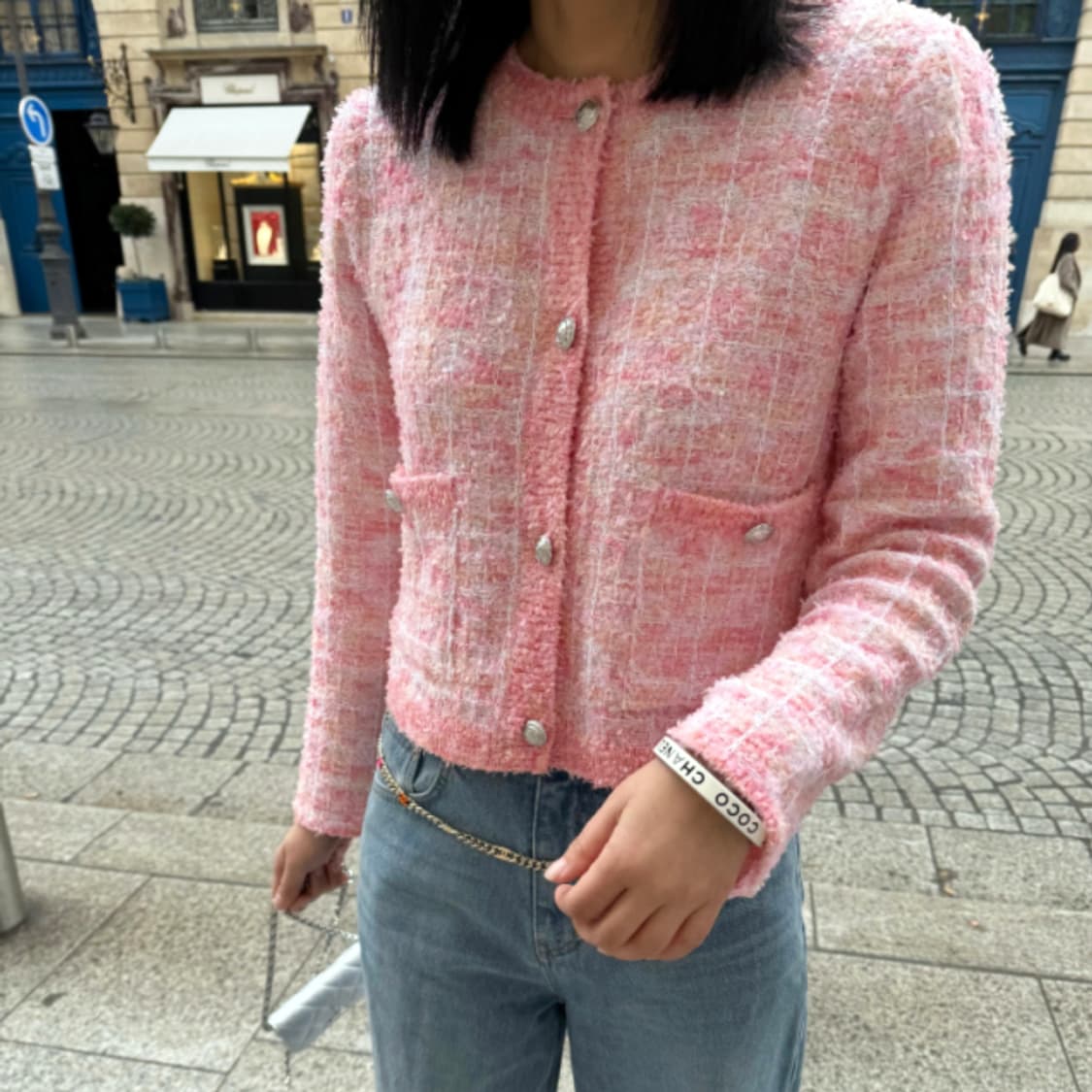 마이아이코(MYEYEKO) 핑크 블러썸 트위드 니트자켓 프리사이즈 새상품 상품이미지2