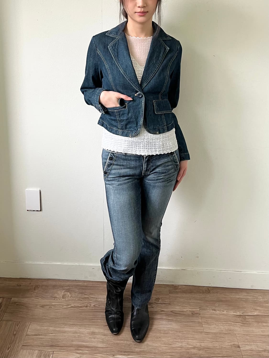 Japan vtg 원버튼 크롭 데님 자켓 상품이미지5