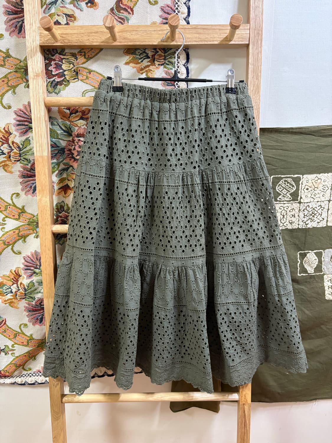 히피 모리 페어리 카키 레이스 미디 스커트 상품이미지1