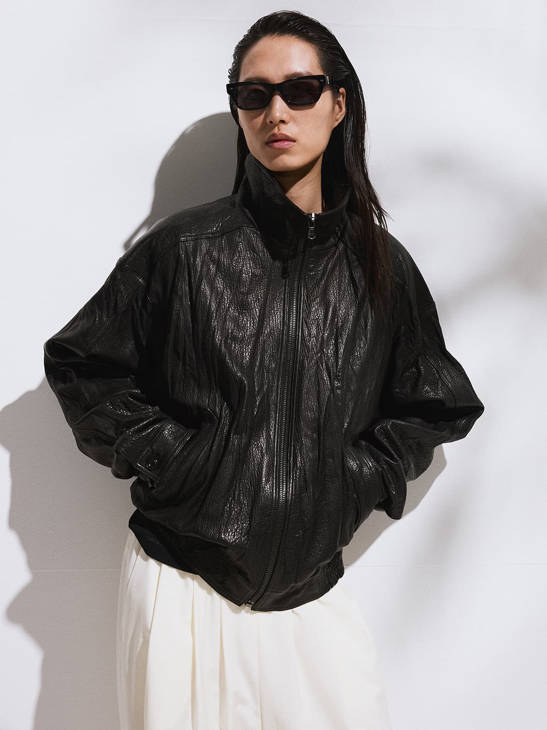 렉토 RECTO 하이넥 크링클 레더 점퍼 블랙 상품이미지1