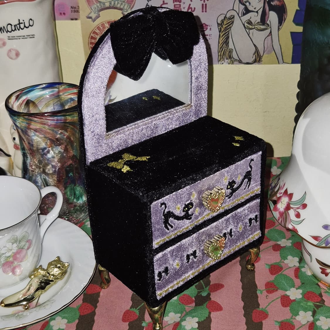00s 레트로 스위머 벨벳 고양이 거울 서랍 상품이미지7