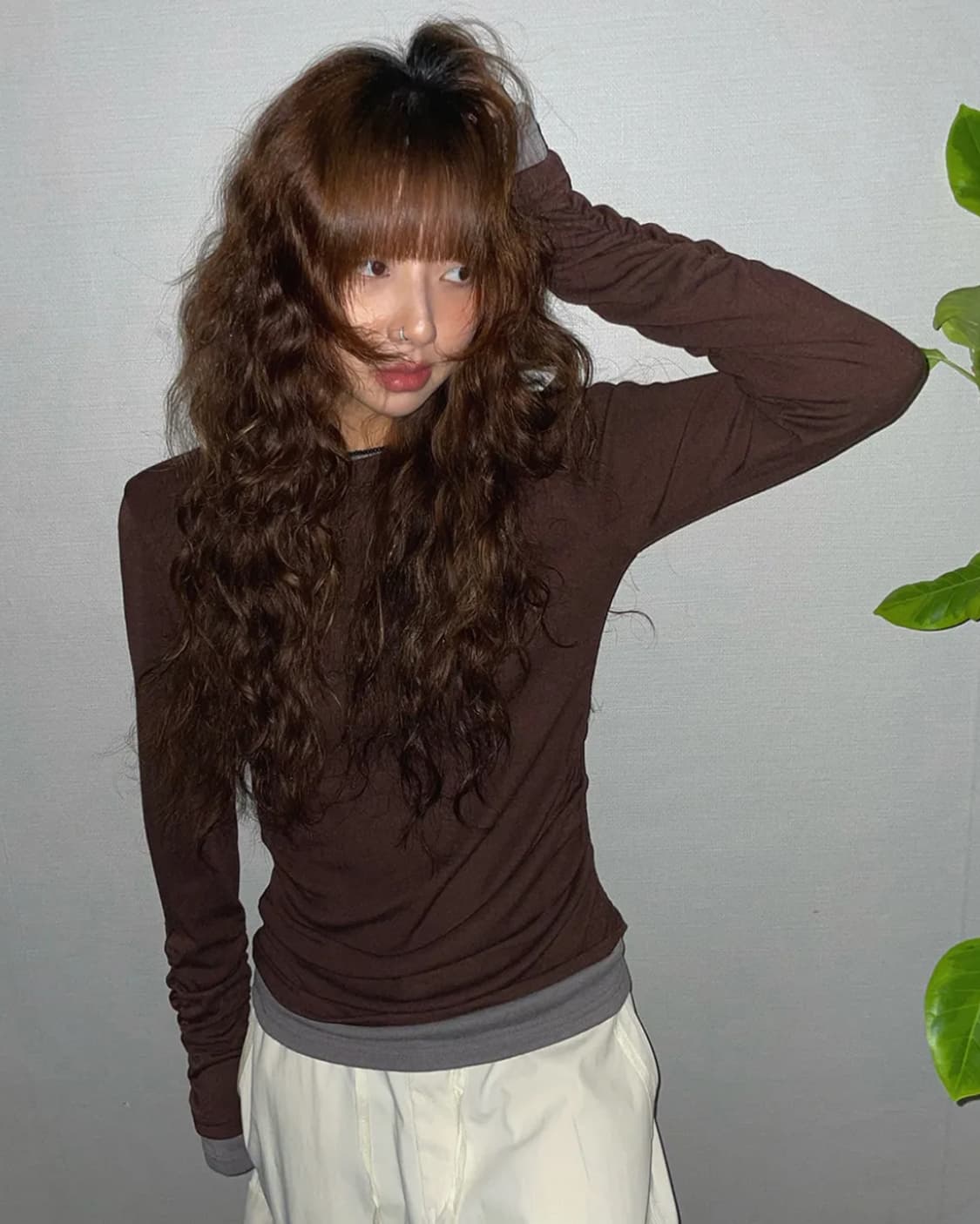 도우치도우치 셔링 레이어드 워머 티셔츠 (브라운) 상품이미지1