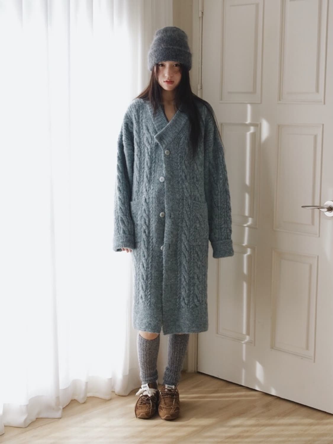 한땀한땀 수설 터키 블루 꽈배기 니트 저고리 롱 가디건 상품이미지1