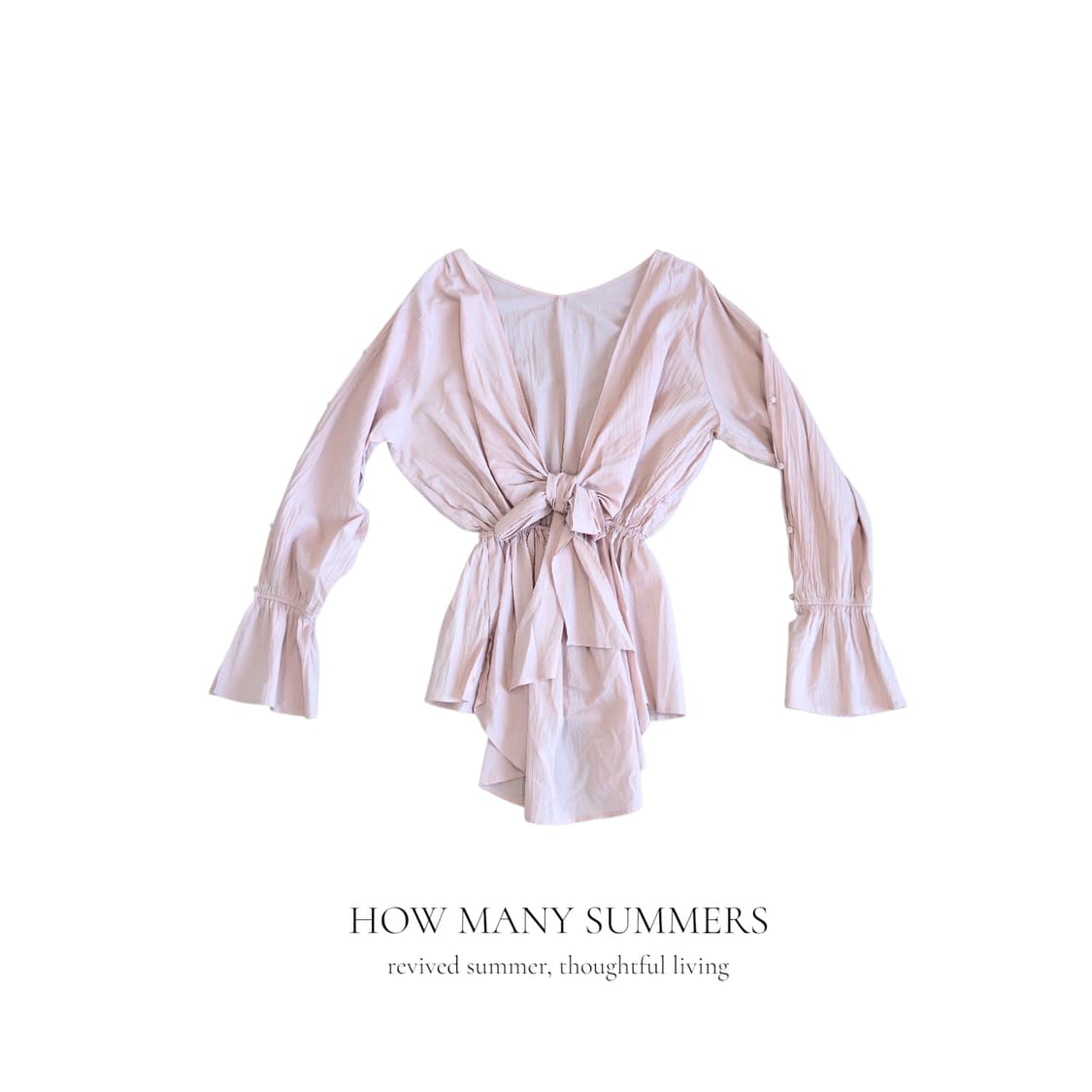 ​면 100% 연핑크 브이넥 리본 벨소매 블라우스 상품이미지1