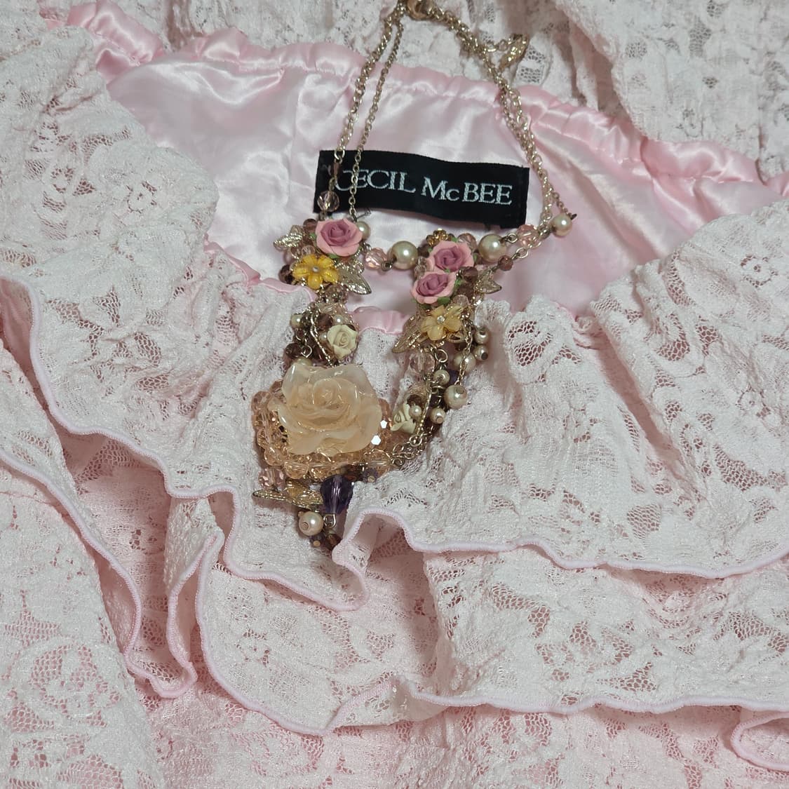 세실맥비 일본빈티지)핑크 딸기우유 히메카지갸루 레이스 오프숄더블라우스 상품이미지2