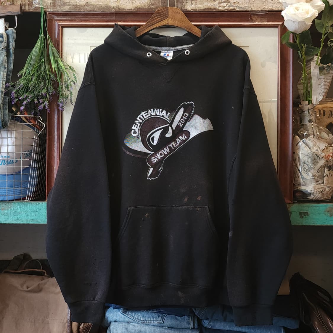 90s 러셀 후드 빈티지 스웻셔츠 러셀 썬페이딩 스노우보드 블랙 L 상품이미지1
