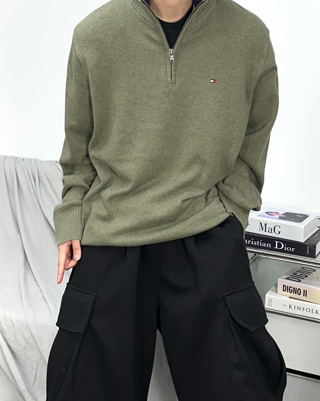 타미 힐피거 올리브 그린 니트 하프 집업 XL 상품이미지2