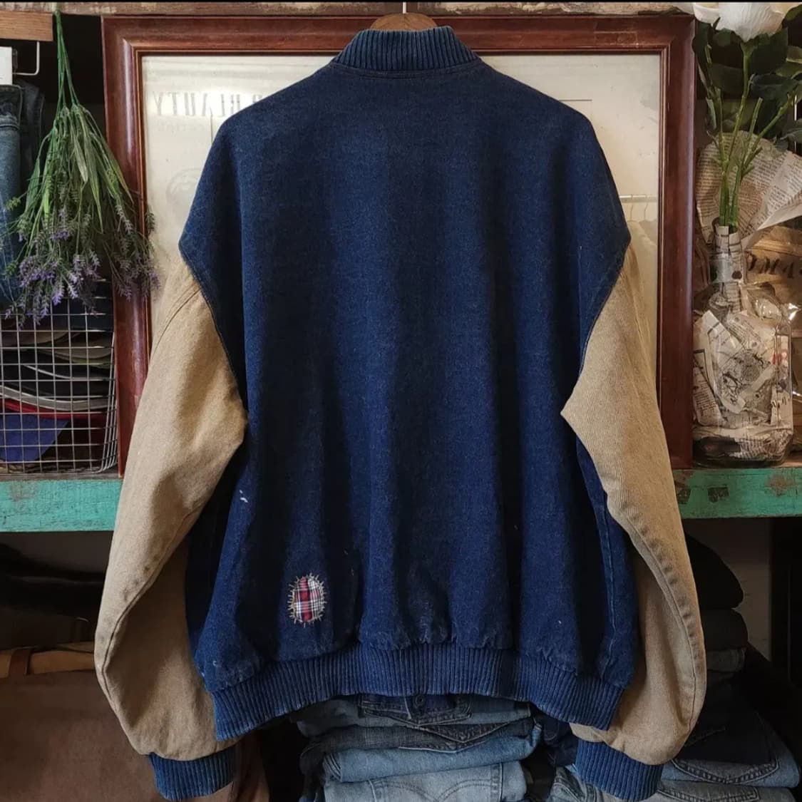 90s 빈티지 데님 바시티 자켓 컨트리 체크 패치워크 빅사이즈 3XL 상품이미지4