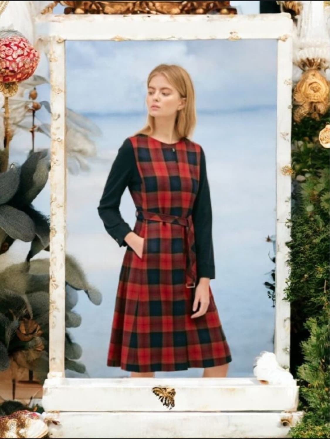 [미착용] 헤지스레이디스 레드 체크 벨트 울 미디 원피스 55 상품이미지1