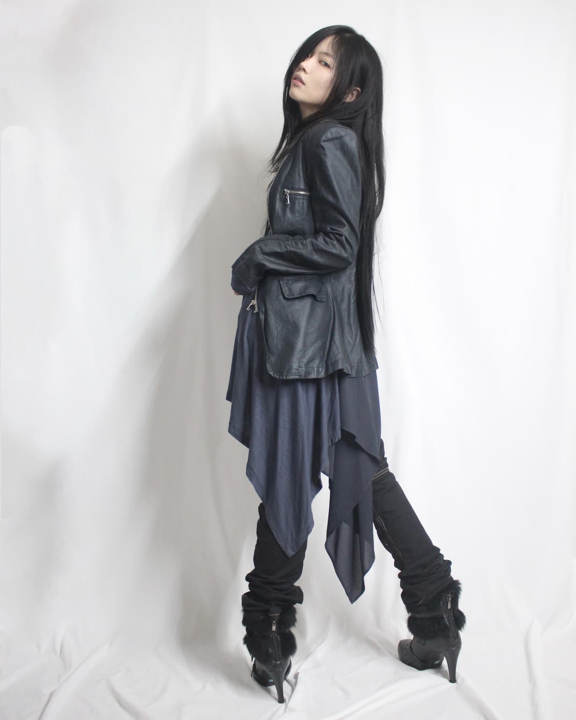 Navy leather skin zip collar puff jacket 상품이미지8