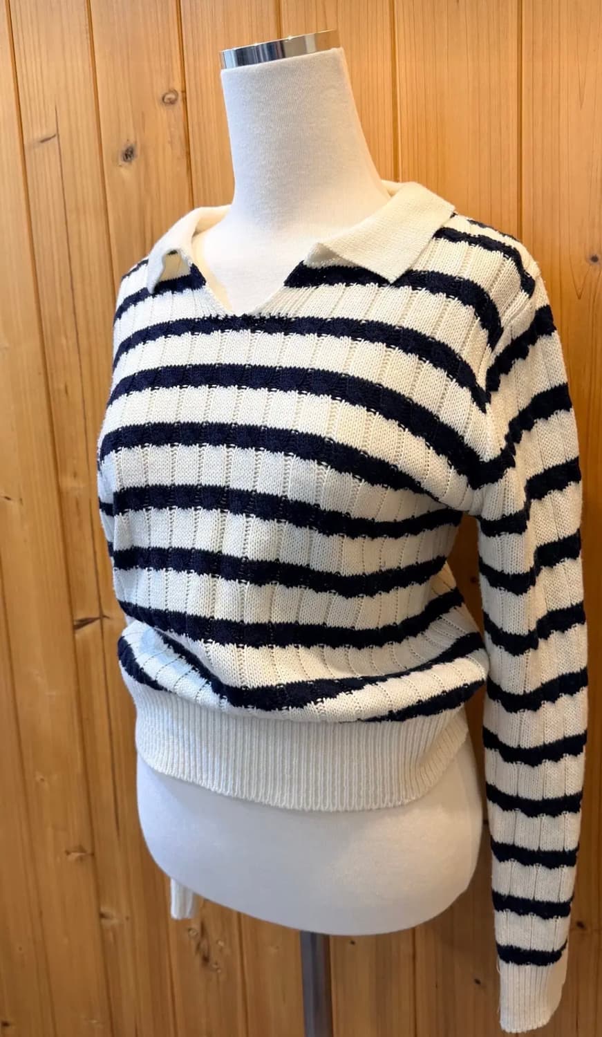 (여성) 줄무늬 크롭 숏 넥카라 울 니트 상품이미지5