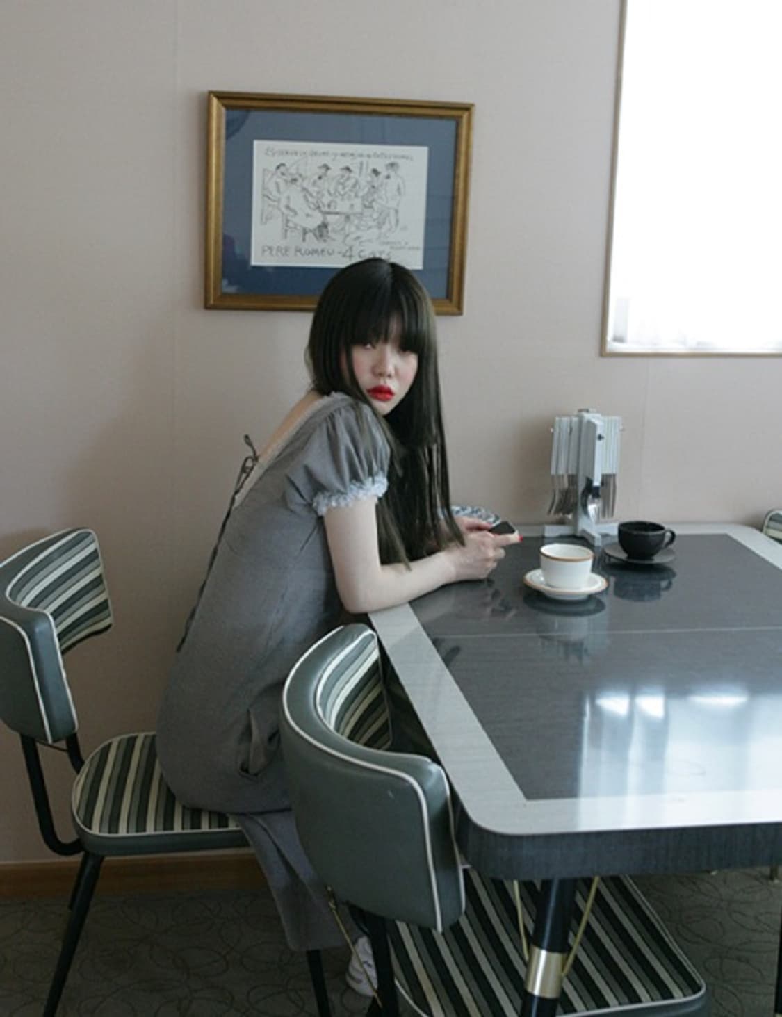 유일매물)프레클 시어 체크 롱 원피스 상품이미지1