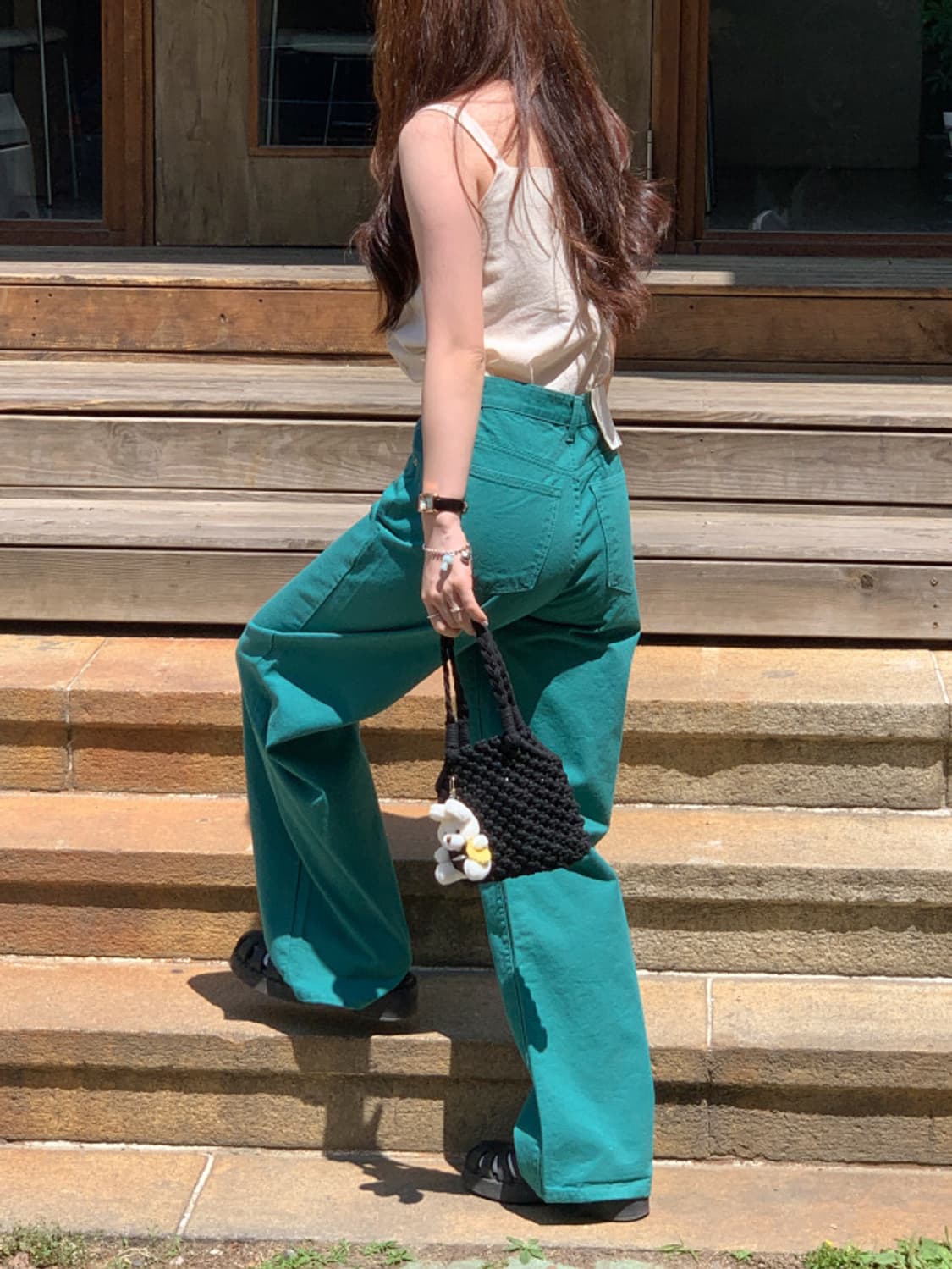 어베인 그린 코튼 와이드팬츠 면바지 상품이미지5