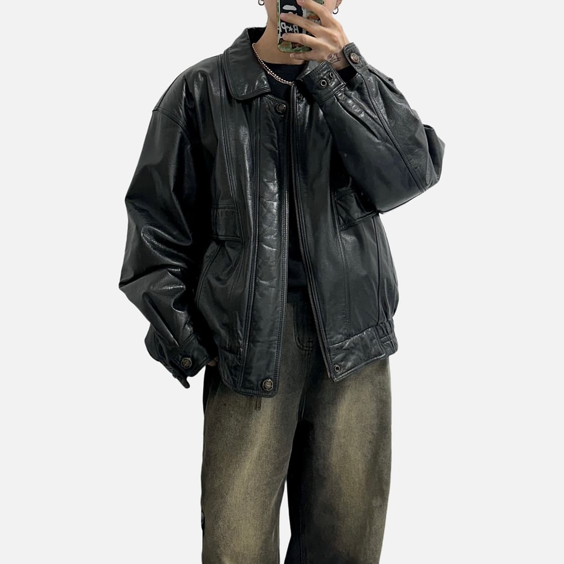 CARTELO by 크로커다일 drum dye 가죽 블루종 레더 자켓 상품이미지2