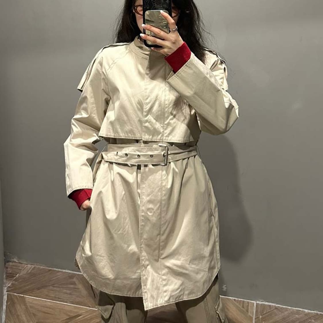 SJSJ 케이프 미디 트렌치 자켓 래글런 벨티드 하이넥 디테일 베이지 상품이미지7