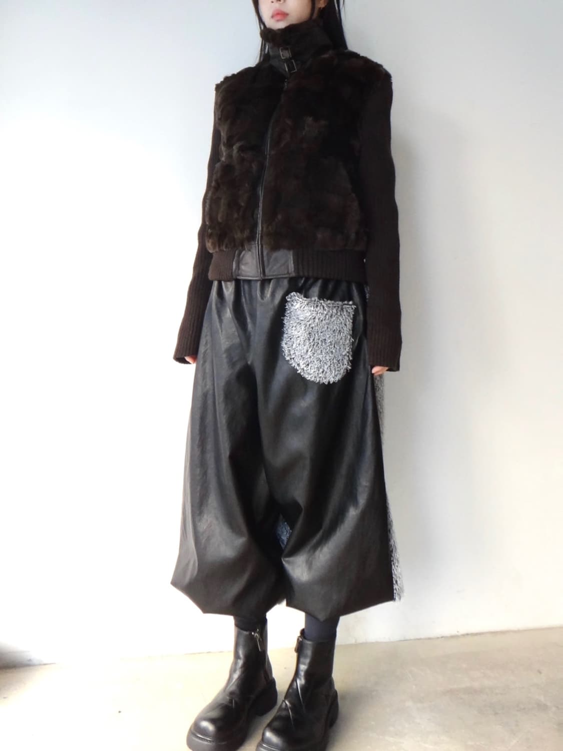 SHESMISS fur mix leather jacket / brown 상품이미지5