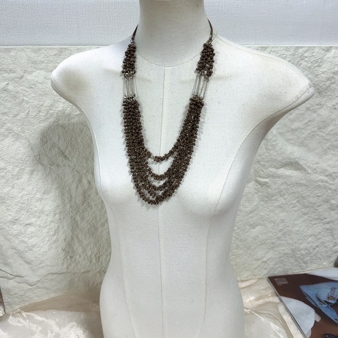 빈티지 브라운 우드 체인 레이어드 목걸이 상품이미지1
