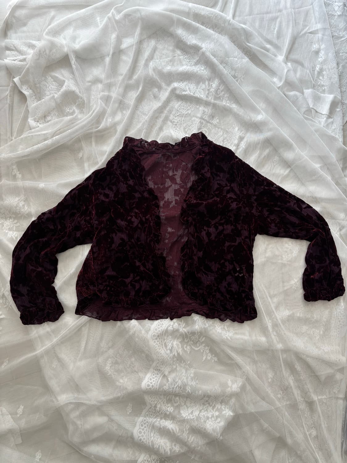 오리엔탈 버건디 플로럴 벨벳 시스루 가디건 상품이미지1