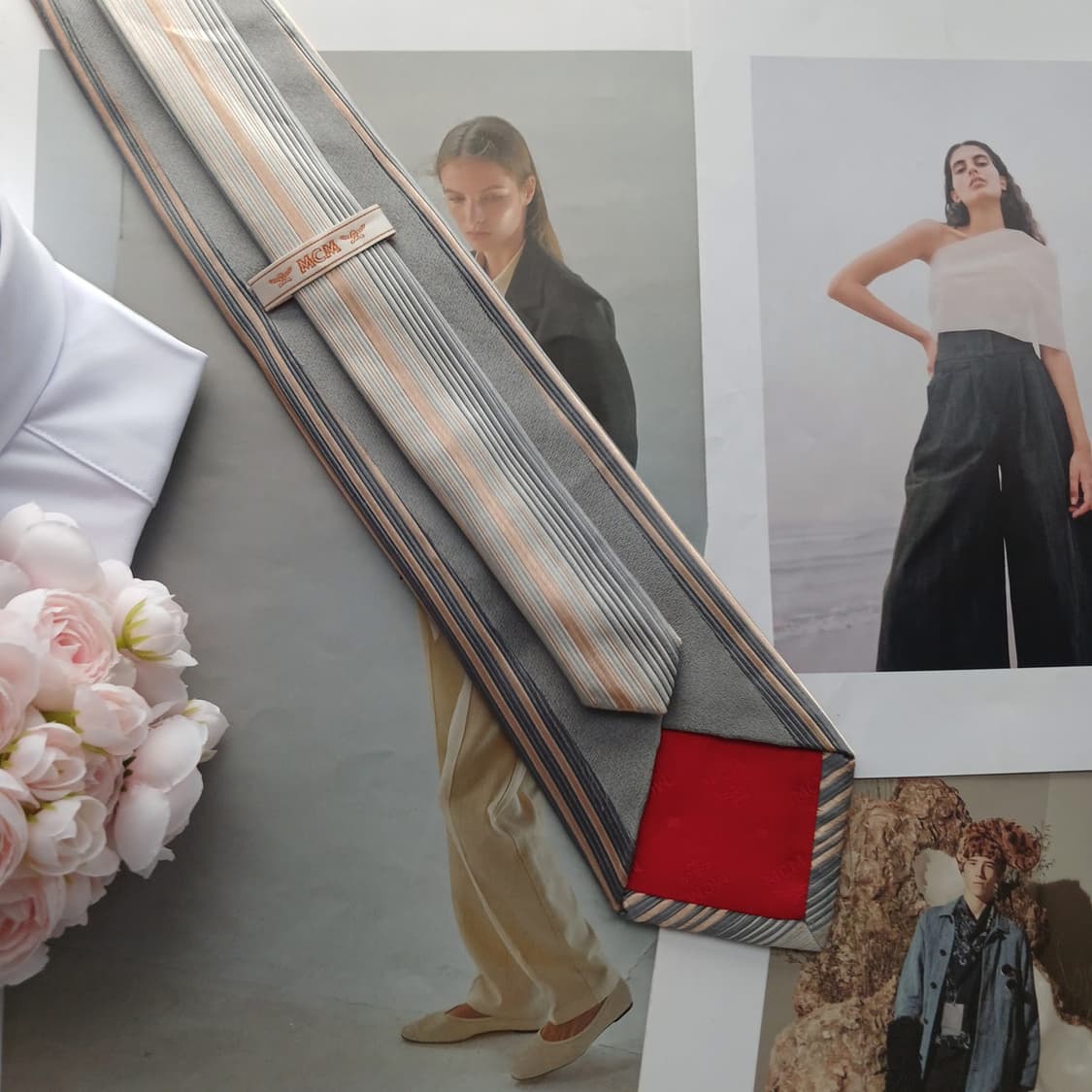 MCM 실크 그레이&골드 스트라이프 넥타이 8.7cm A등급 A18415 상품이미지4