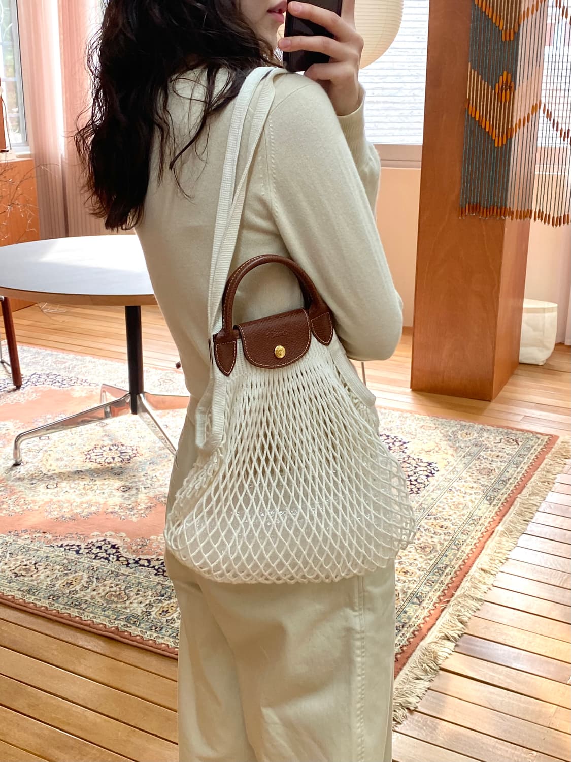 롱샴 르 플리아쥬 필레 탑핸들 네트백 에크루 상품이미지9