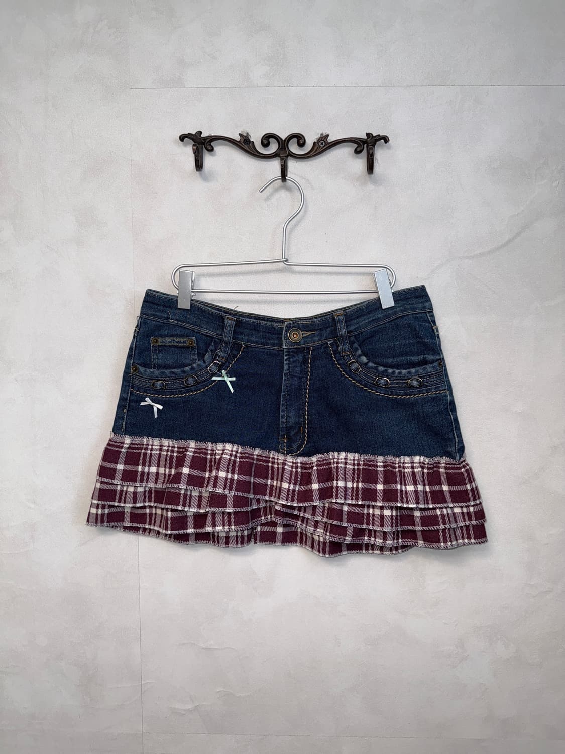 Denim red check cancan ribbon mini skirt 상품이미지1
