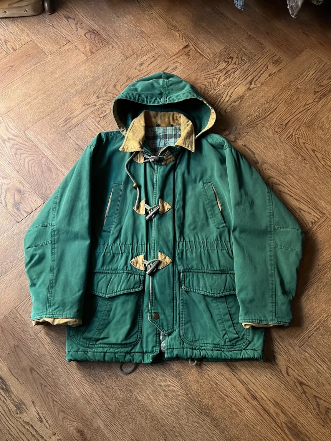 [L]90's USA 빈티지 체크 라이닝 그린 더플 코트 자켓 상품이미지1