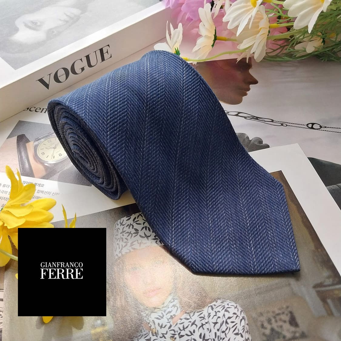 지안프랑코 페레 실크 네이비 헤링본 넥타이 9.2cm A+등급 K2571 상품이미지2