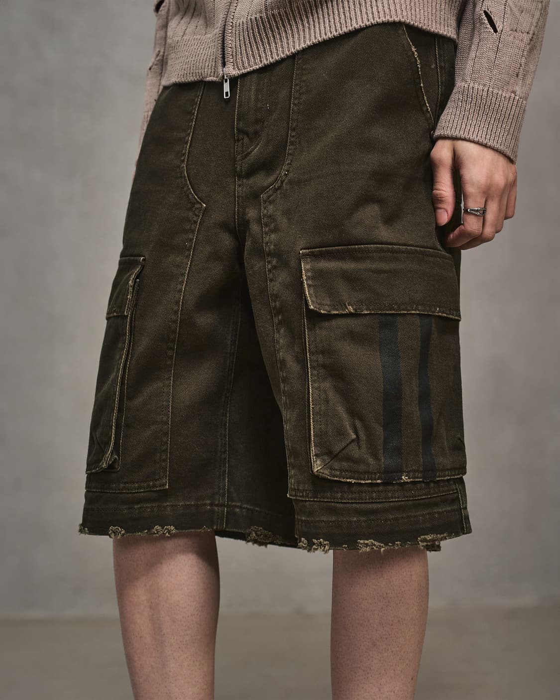 (48)엘무드 카고 와이드 하프 데님 팬츠 빈티지 카키 상품이미지8