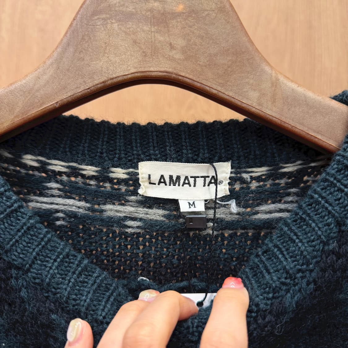 빈티지 라운드넥 긴팔 울 니트 노르딕 페어아일 패턴 디테일 그린 네이비 상품이미지6