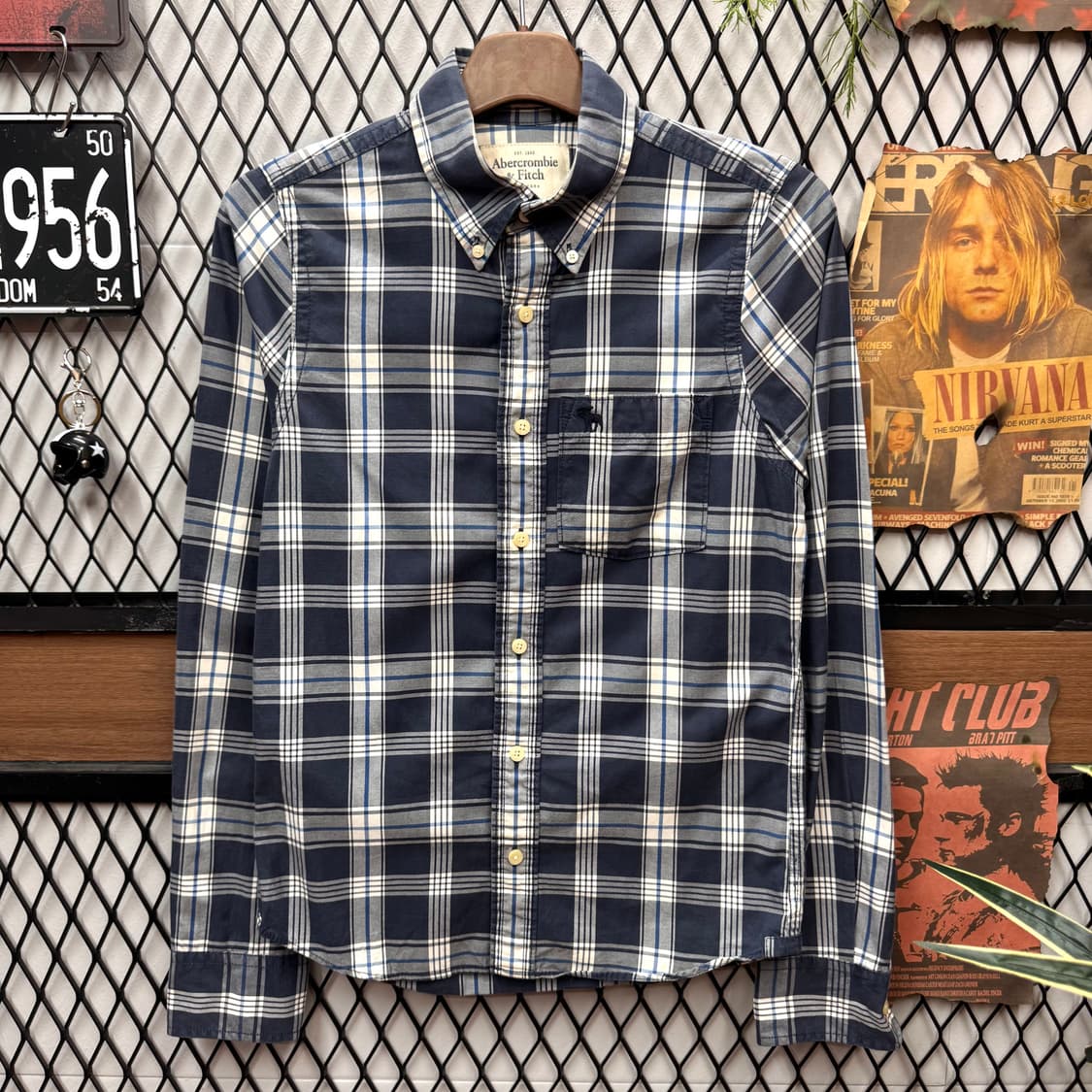 아베크롬비 타탄 체크 셔츠 전면 포켓 로고 포인트 화이트 네이비 상품이미지1