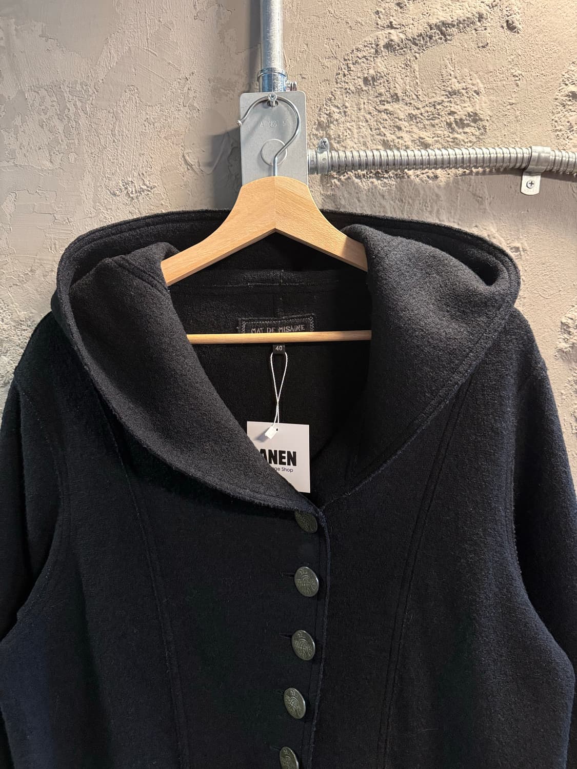 Japanese Vintage 울 후드 버튼 코트 블랙 40 상품이미지4