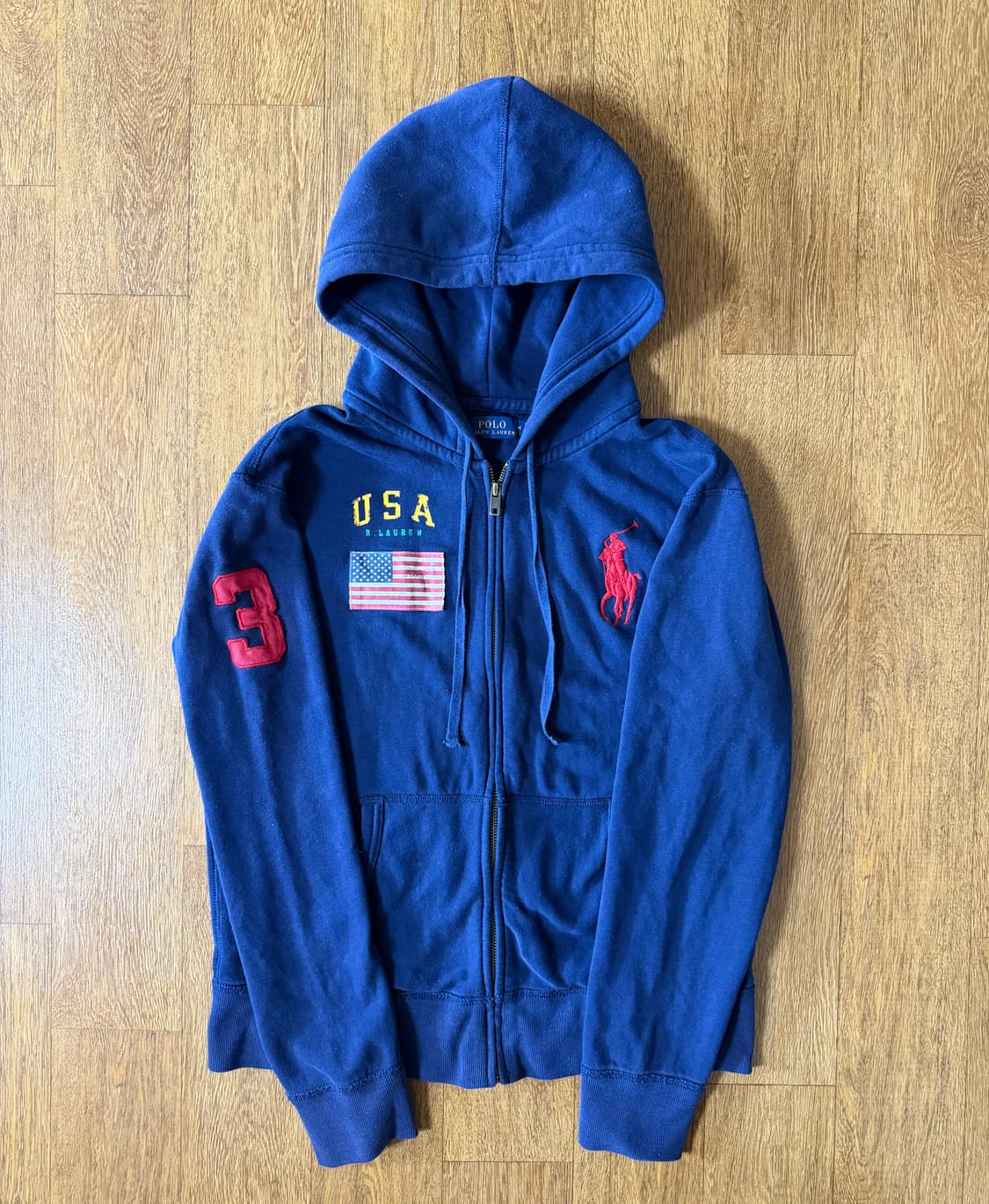 (상태최상,희귀!!)폴로 빅포니 USA 성조기 3로고 네이비 후드집업 m 상품이미지2