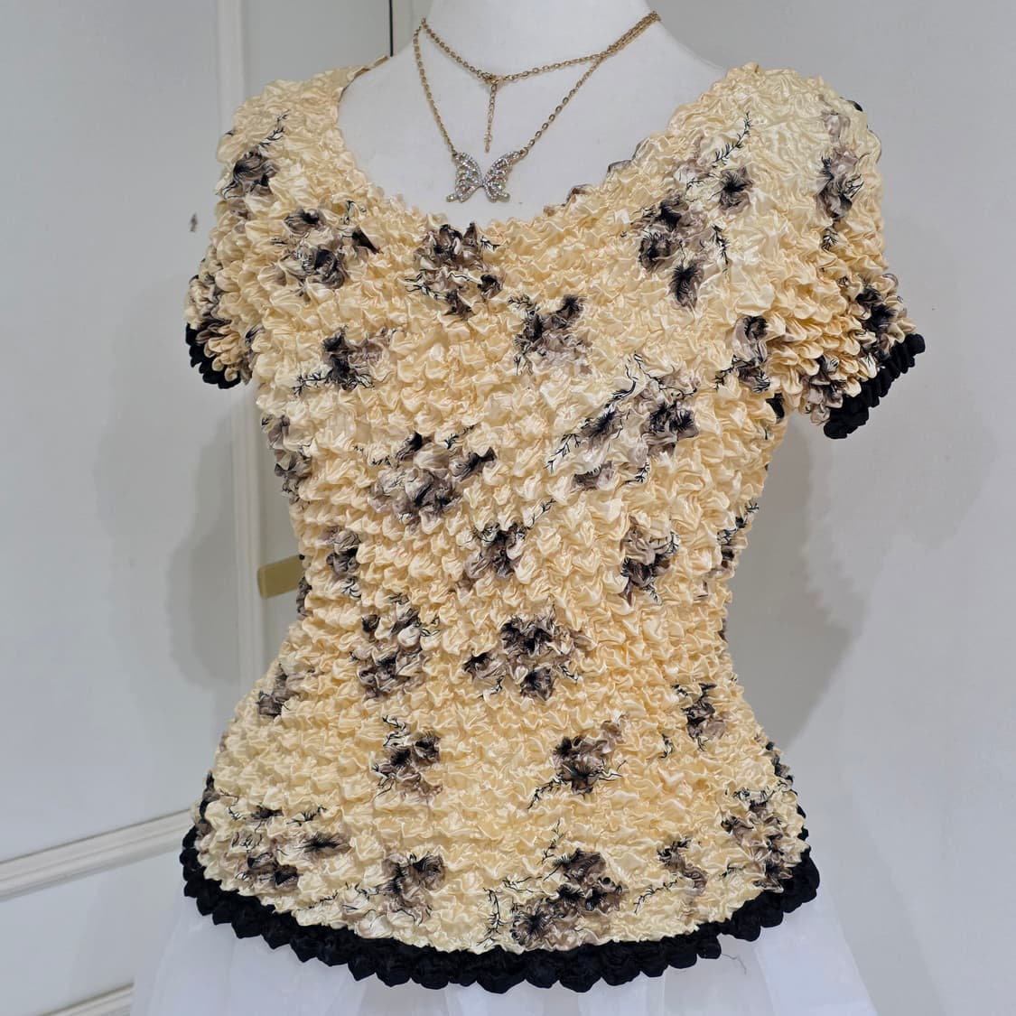 빈티지) 하구미모리걸 아오이유우st 엠보 플리츠 스모킹 플로럴 여름탑 상품이미지3